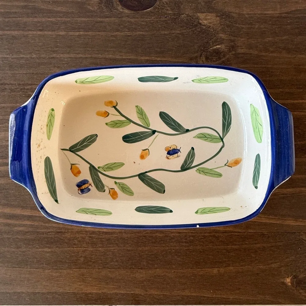 Floral Ceramic Baking Dish‎ Blue Rim Rectangular Casserole Dish 12